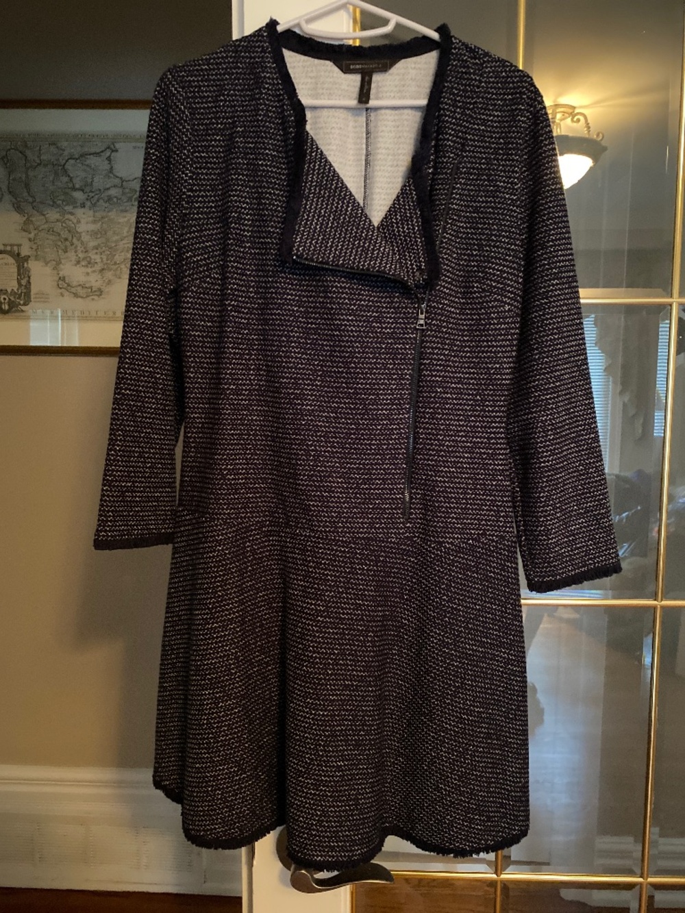 BCBGMAXAZRIA Linza fringe-trim knit jacquard dress.